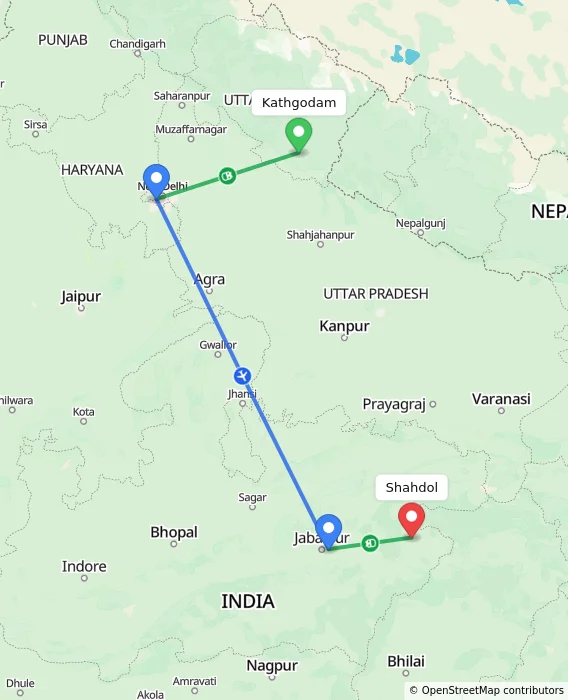Route map showing distance and travel time from Kathgodam, India to Shahdol, India