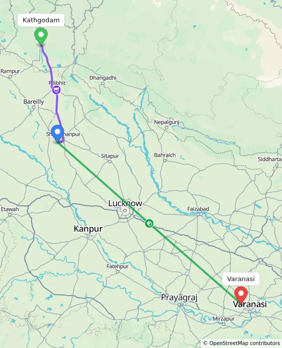 Route map showing distance and travel time from Kathgodam, India to Varanasi, India