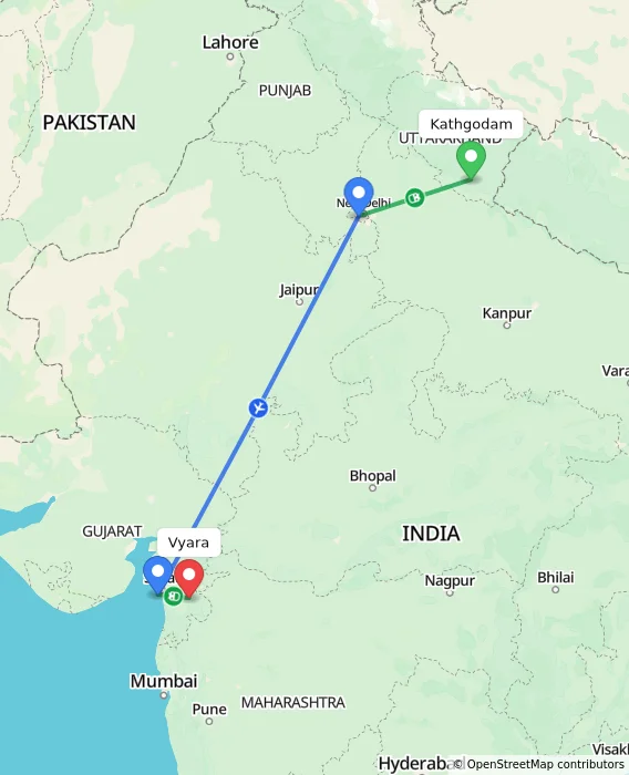 Route map showing distance and travel time from Kathgodam, India to Vyara, India
