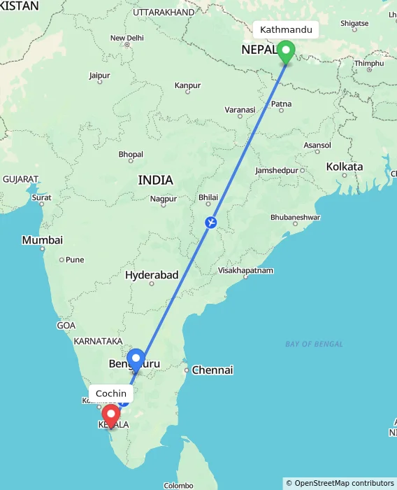 Route map showing distance and travel time from Kathmandu, Nepal to Cochin, India
