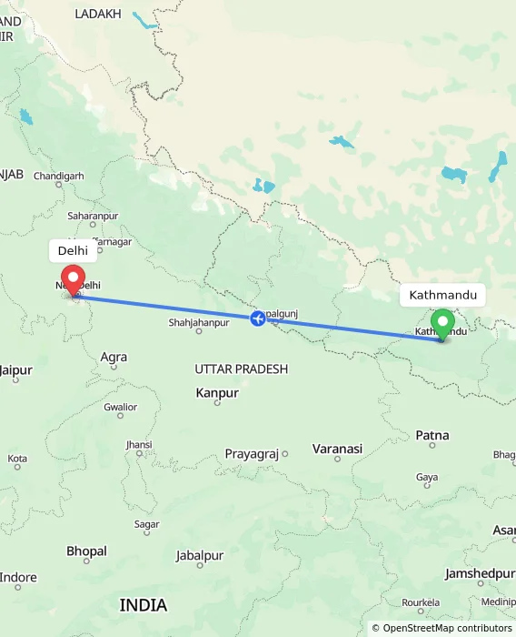 Route map showing distance and travel time from Kathmandu, Nepal to Delhi, India
