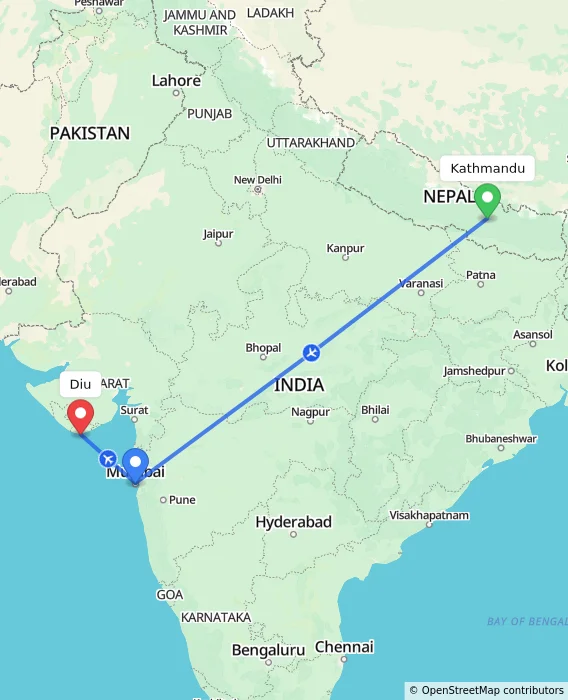 Route map showing distance and travel time from Kathmandu, Nepal to Diu, India
