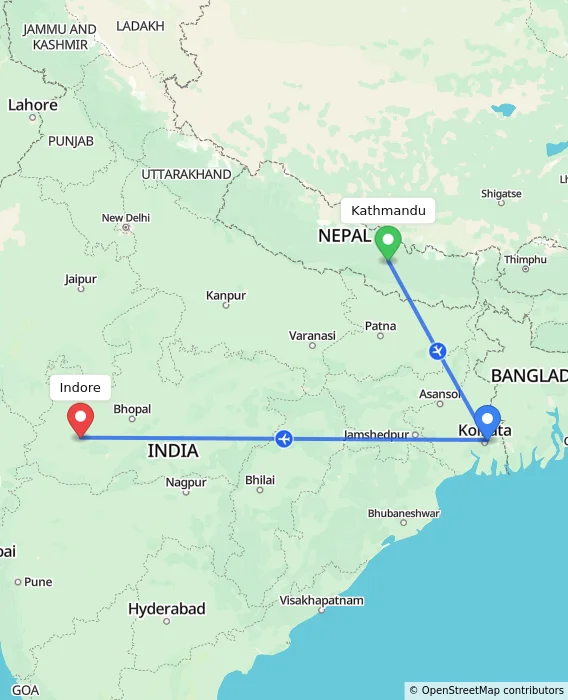 Route map showing distance and travel time from Kathmandu, Nepal to Indore, India