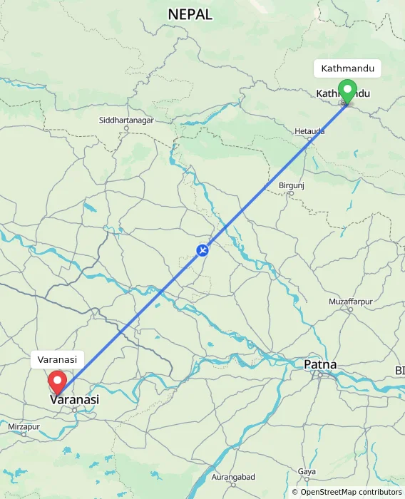 Route map showing distance and travel time from Kathmandu, Nepal to Varanasi, India