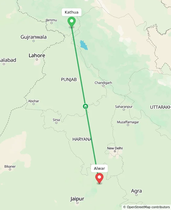 Route map showing distance and travel time from Kathua, India to Alwar, India