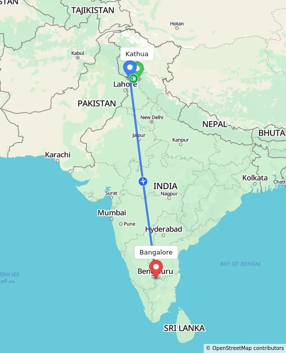 Route map showing distance and travel time from Kathua, India to Bangalore, India