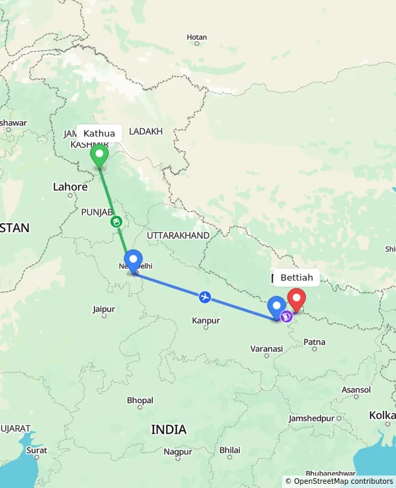 Route map showing distance and travel time from Kathua, India to Bettiah, India