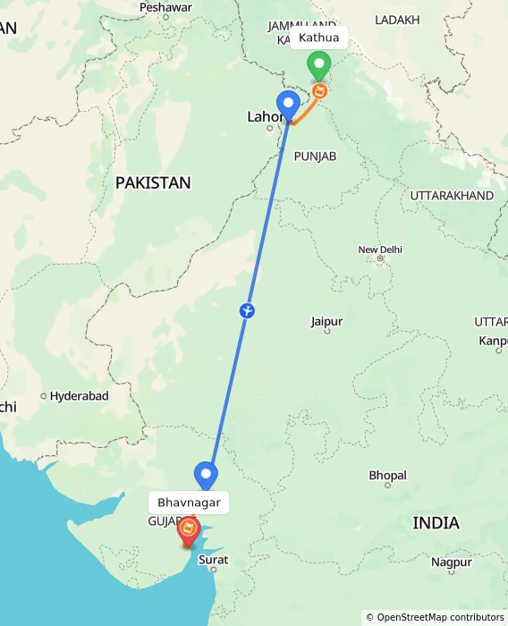 Route map showing distance and travel time from Kathua, India to Bhavnagar, India