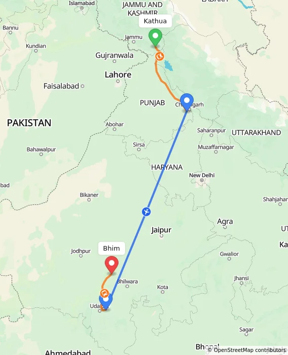 Route map showing distance and travel time from Kathua, India to Bhim, India