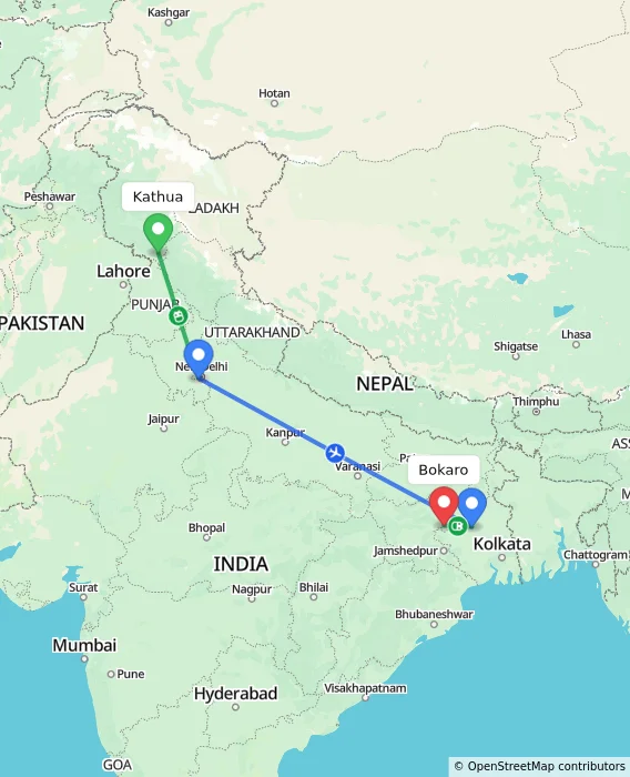 Route map showing distance and travel time from Kathua, India to Bokaro, India
