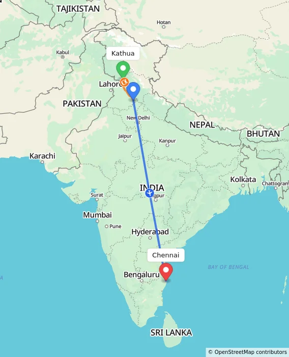 Route map showing distance and travel time from Kathua, India to Chennai, India