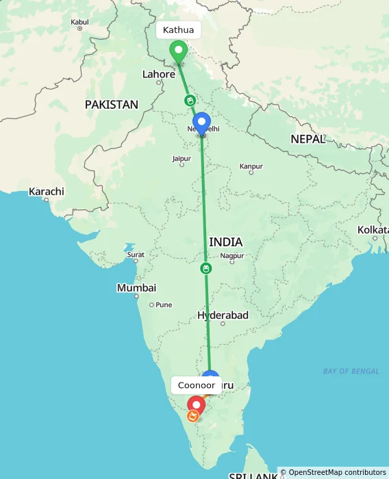 Route map showing distance and travel time from Kathua, India to Coonoor, India
