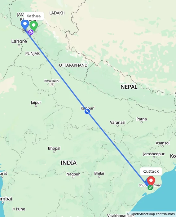 Route map showing distance and travel time from Kathua, India to Cuttack, India