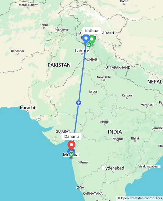 Route map showing distance and travel time from Kathua, India to Dahanu, India