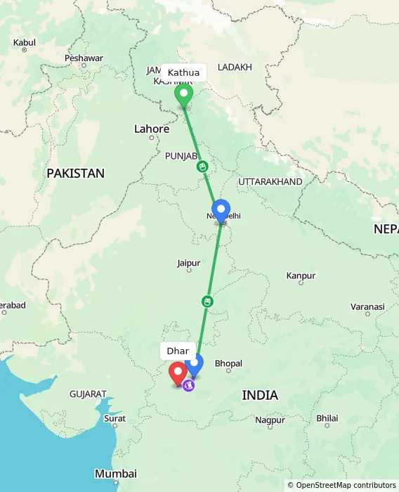 Route map showing distance and travel time from Kathua, India to Dhar, India