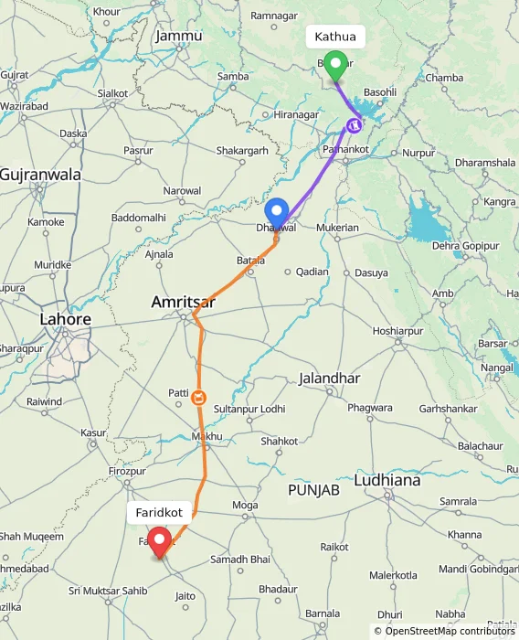 Route map showing distance and travel time from Kathua, India to Faridkot, India