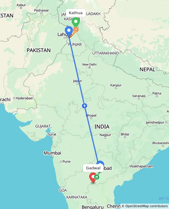 Route map showing distance and travel time from Kathua, India to Gadwal, India