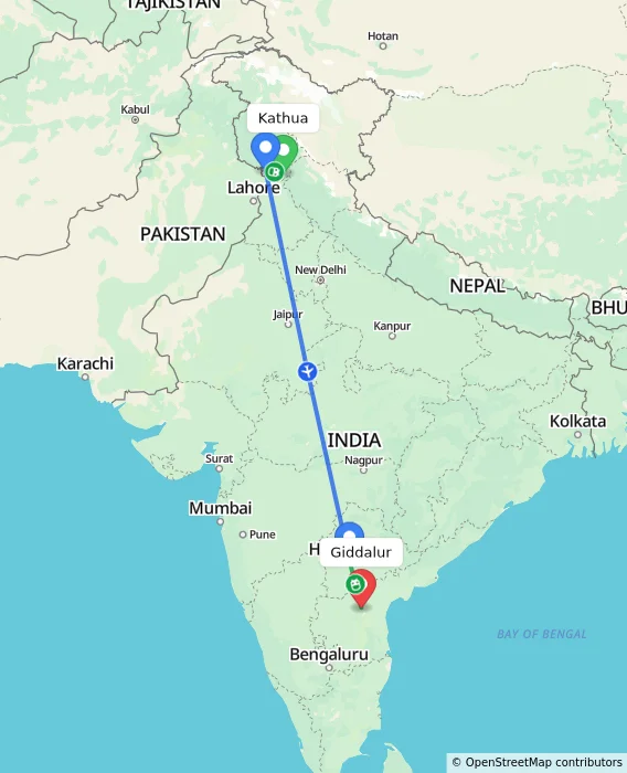 Route map showing distance and travel time from Kathua, India to Giddalur, India