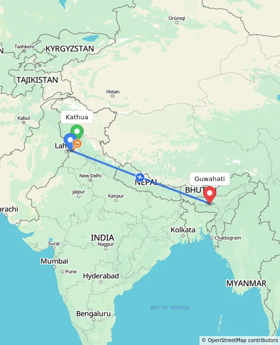 Route map showing distance and travel time from Kathua, India to Guwahati, India