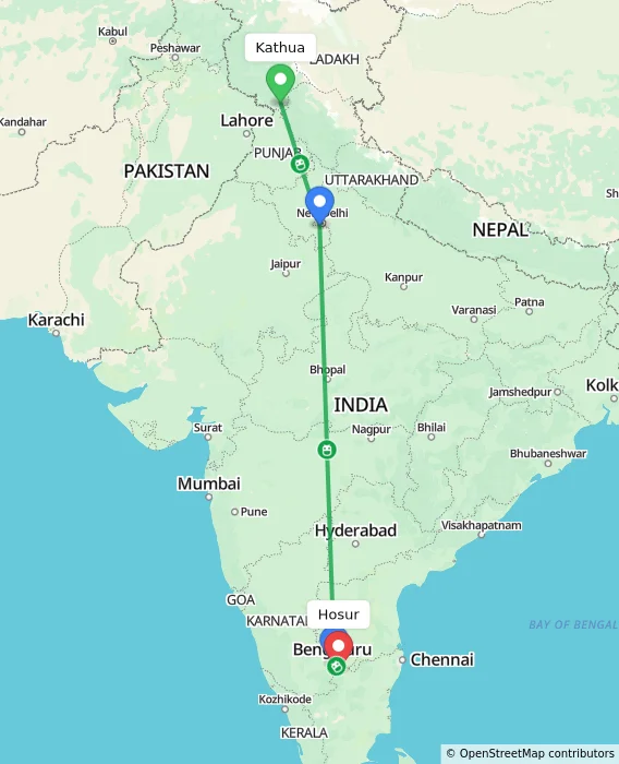 Route map showing distance and travel time from Kathua, India to Hosur, India