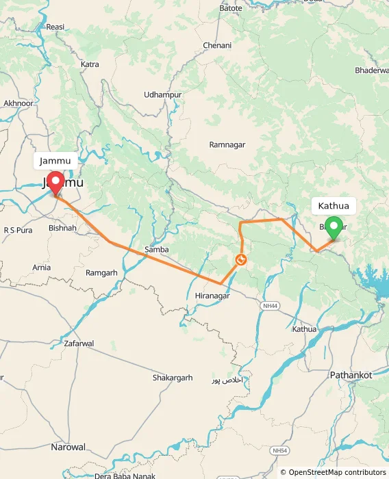 Route map showing distance and travel time from Kathua, India to Jammu, India