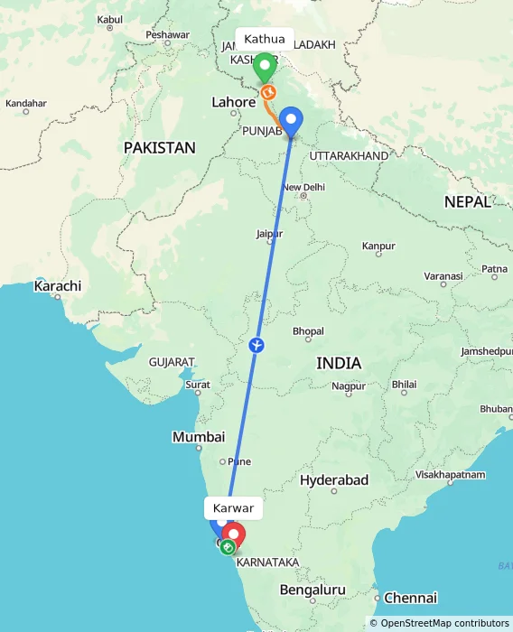 Route map showing distance and travel time from Kathua, India to Karwar, India