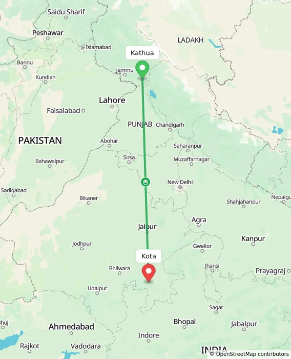 Route map showing distance and travel time from Kathua, India to Kota, India