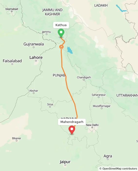 Route map showing distance and travel time from Kathua, India to Mahendragarh, India