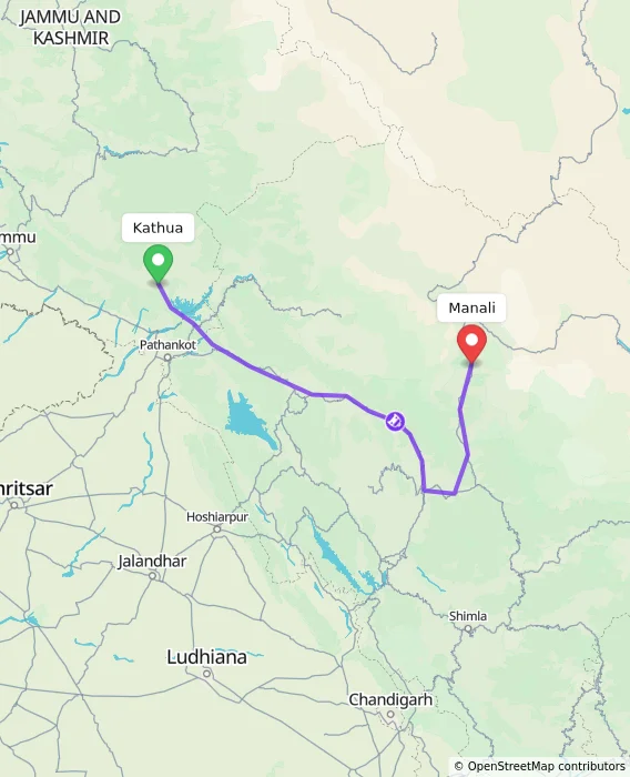 Route map showing distance and travel time from Kathua, India to Manali, India