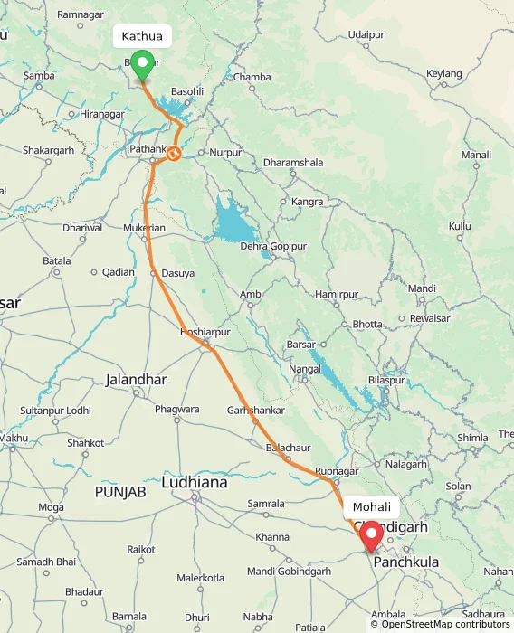 Route map showing distance and travel time from Kathua, India to Mohali, India