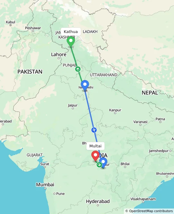 Route map showing distance and travel time from Kathua, India to Multai, India