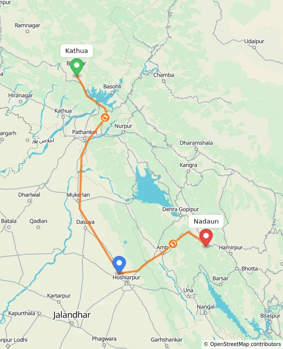 Route map showing distance and travel time from Kathua, India to Nadaun, India