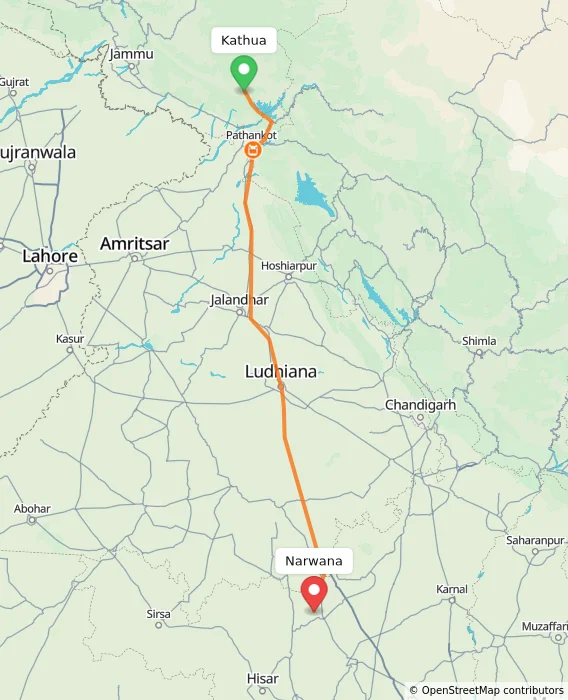 Route map showing distance and travel time from Kathua, India to Narwana, India