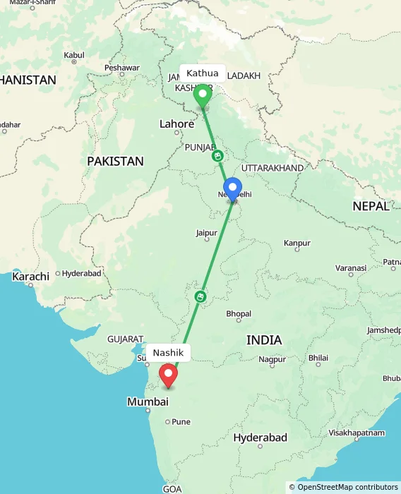 Route map showing distance and travel time from Kathua, India to Nashik, India