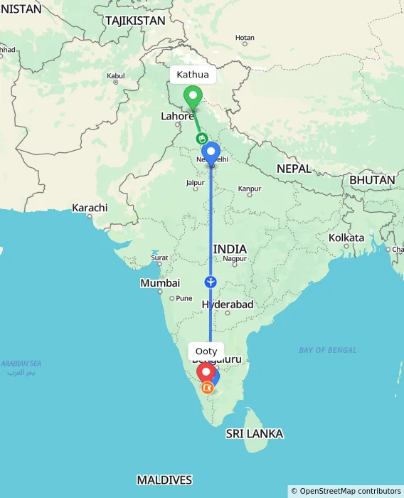 Route map showing distance and travel time from Kathua, India to Ooty, India