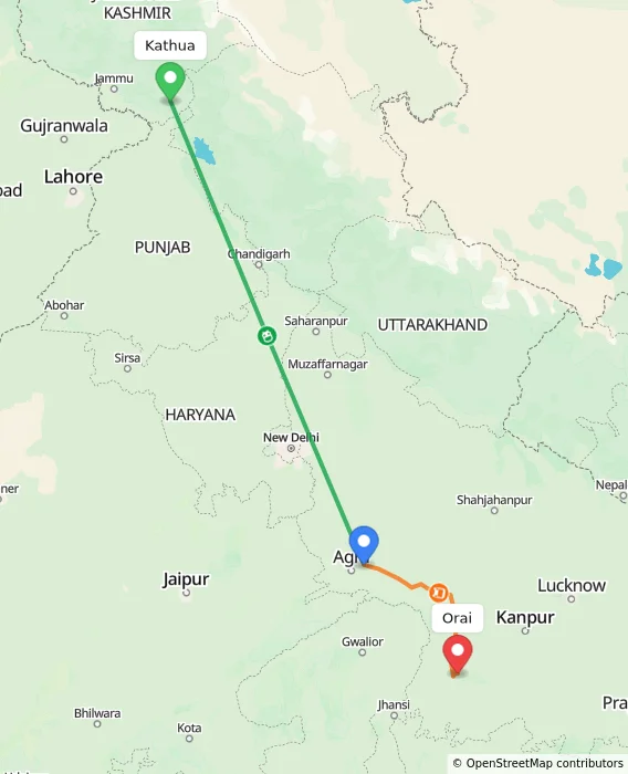 Route map showing distance and travel time from Kathua, India to Orai, India