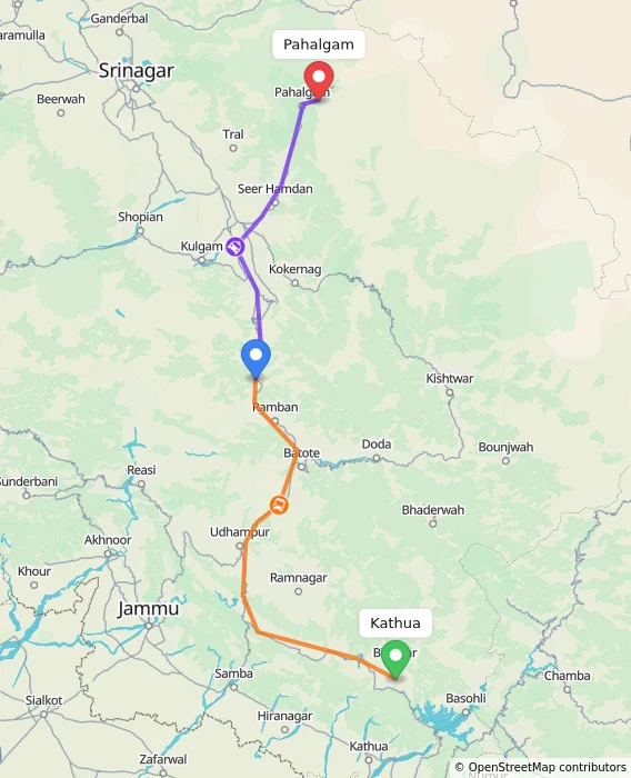 Route map showing distance and travel time from Kathua, India to Pahalgam, India