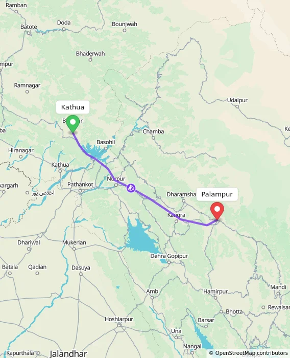 Route map showing distance and travel time from Kathua, India to Palampur, India