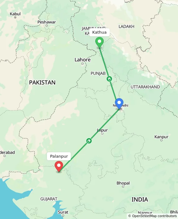 Route map showing distance and travel time from Kathua, India to Palanpur, India