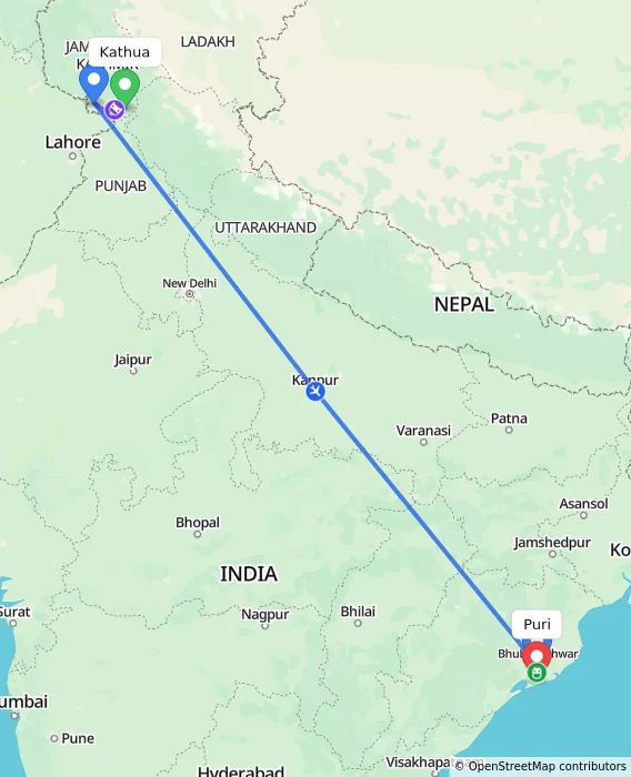 Route map showing distance and travel time from Kathua, India to Puri, India