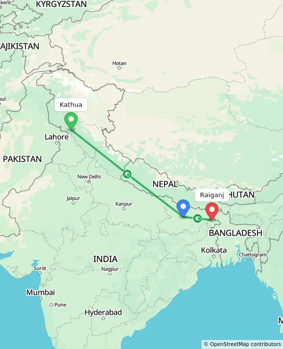 Route map showing distance and travel time from Kathua, India to Raiganj, India
