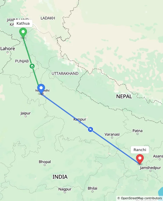 Route map showing distance and travel time from Kathua, India to Ranchi, India