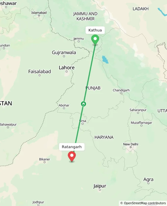 Route map showing distance and travel time from Kathua, India to Ratangarh, India