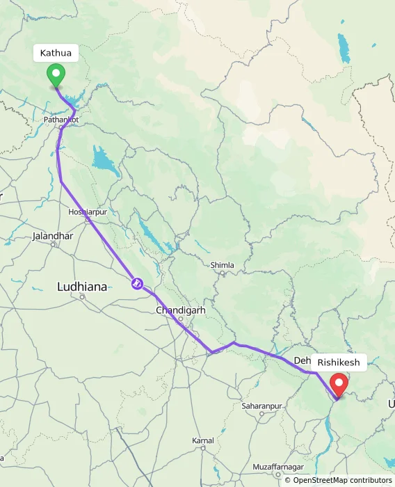 Route map showing distance and travel time from Kathua, India to Rishikesh, India