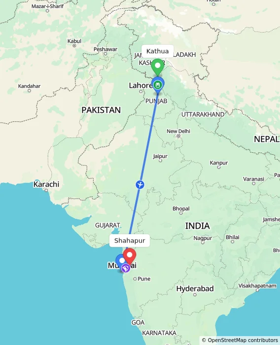 Route map showing distance and travel time from Kathua, India to Shahapur, India