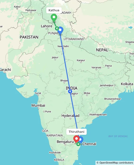 Route map showing distance and travel time from Kathua, India to Thiruthani, India