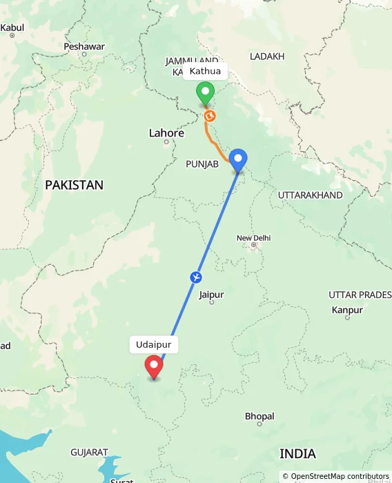 Route map showing distance and travel time from Kathua, India to Udaipur, India