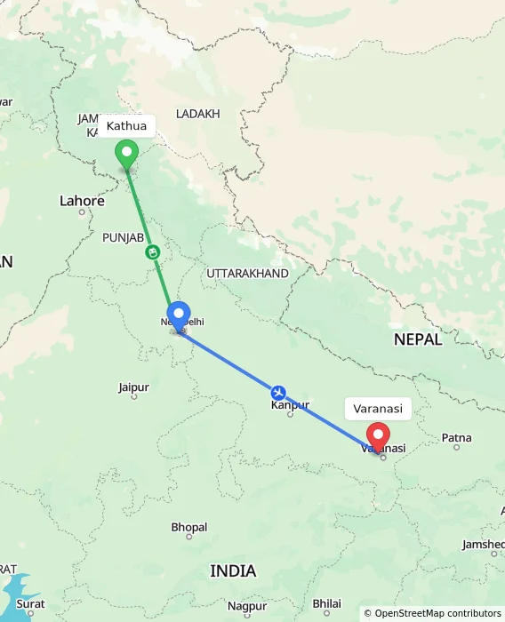 Route map showing distance and travel time from Kathua, India to Varanasi, India