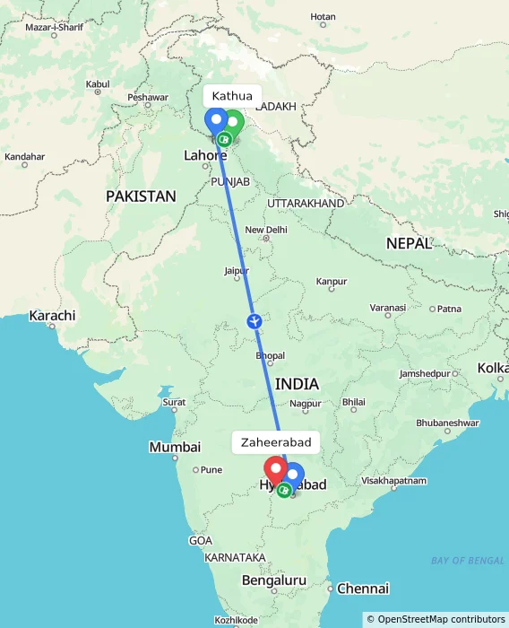 Route map showing distance and travel time from Kathua, India to Zaheerabad, India