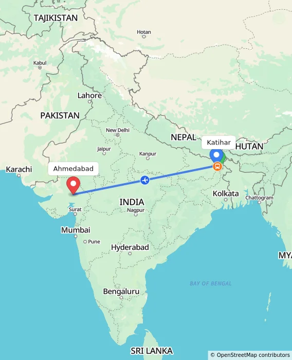 Route map showing distance and travel time from Katihar, India to Ahmedabad, India